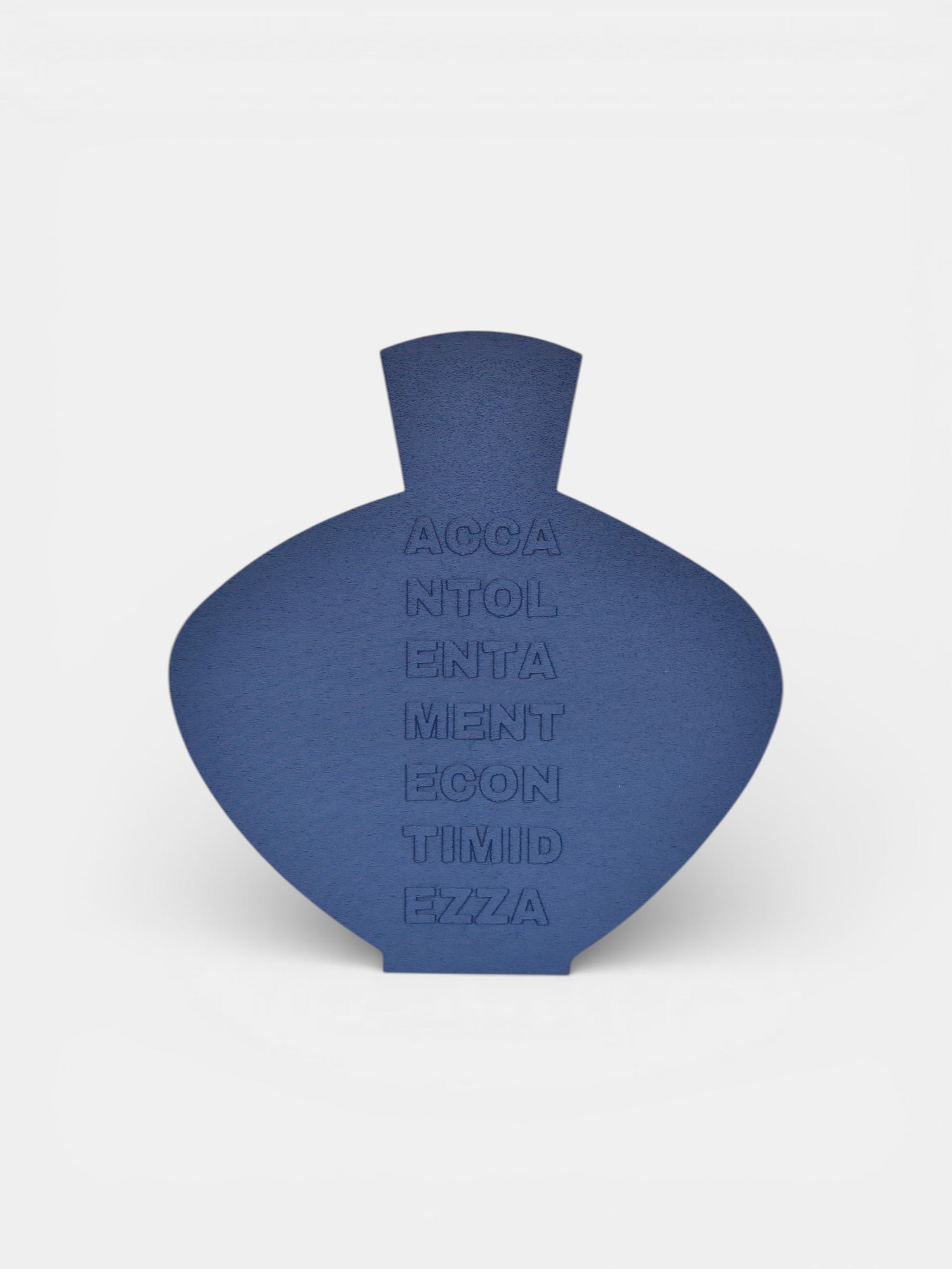 Vaso parlante blu con scritta in rilievo