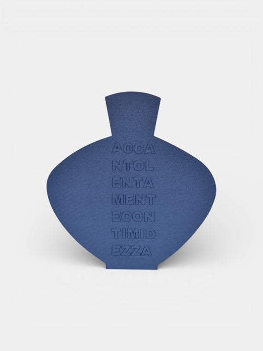 Vaso parlante blu con scritta in rilievo